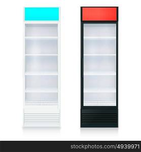 Upright Empty Fridges Template. Upright empty fridges template with glass door and shelves on white background isolated vector illustration