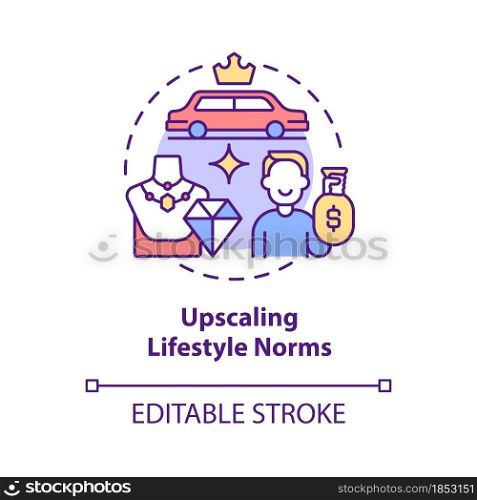 Upscaling lifestyle norms concept icon. Envy makes us overspend money. Competitive consumerism abstract idea thin line illustration. Vector isolated outline color drawing. Editable stroke. Upscaling lifestyle norms concept icon