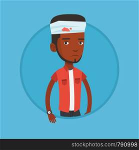 Upset african-american man with bandages over head. Sad injured man with a bandaged head. Young man wounded in head. Vector flat design illustration in the circle isolated on background.. Man with injured head vector illustration.