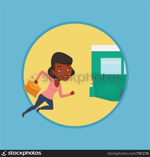 Upset african-american woman running for an outgoing bus. Woman running to catch bus. Sad latecomer woman running to reach a bus. Vector flat design illustration in the circle isolated on background.. Latecomer woman running for the bus.