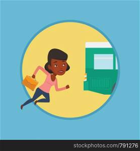 Upset african-american woman running for an outgoing bus. Woman running to catch bus. Sad latecomer woman running to reach a bus. Vector flat design illustration in the circle isolated on background.. Latecomer woman running for the bus.