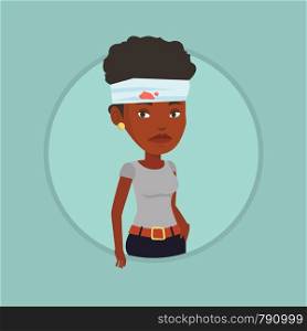 Upset african-american woman with bandages over head. Sad injured woman with a bandaged head. Young woman wounded in head. Vector flat design illustration in the circle isolated on background.. Woman with injured head vector illustration.