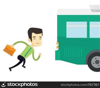 Upset asian business man running for an outgoing bus. Businessman running to catch bus. Sad latecomer business man running to reach a bus. Vector flat design illustration isolated on white background.. Latecomer man running for the bus.