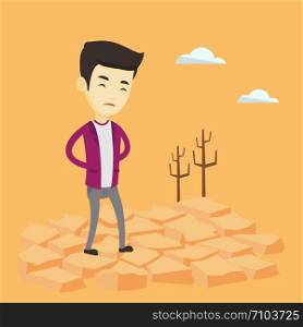Upset asian man standing in the desert. Frustrated young man standing on cracked earth in the desert. Concept of climate change and global warming. Vector flat design illustration. Square layout.. Sad man in the desert vector illustration.