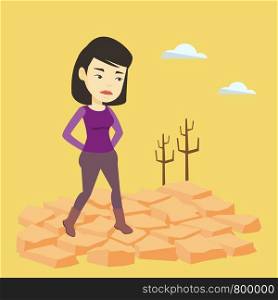 Upset asian woman standing in the desert. Frustrated young woman standing on cracked earth in the desert. Concept of climate change and global warming. Vector flat design illustration. Square layout.. Sad woman in the desert vector illustration.