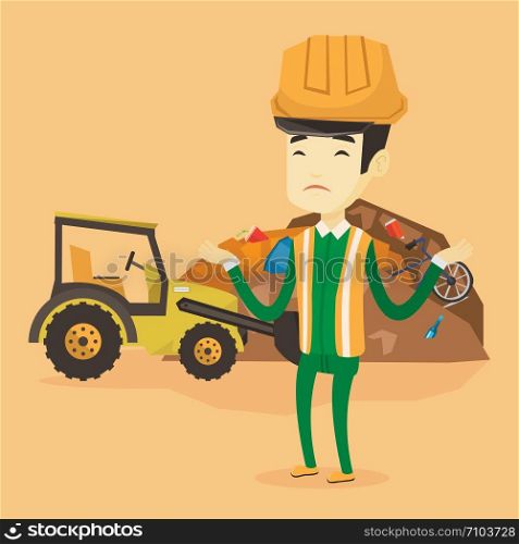 Upset asian worker of rubbish dump. Worker of rubbish dump standing with spread arms. Man standing on the background of rubbish dump and bulldozer. Vector flat design illustration. Square layout.. Worker and bulldozer at rubbish dump.