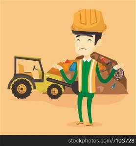 Upset asian worker of rubbish dump. Worker of rubbish dump standing with spread arms. Man standing on the background of rubbish dump and bulldozer. Vector flat design illustration. Square layout.. Worker and bulldozer at rubbish dump.