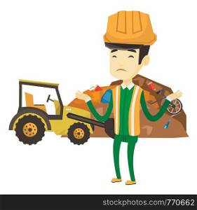 Upset asian worker of rubbish dump. Worker of rubbish dump standing with spread arms. Man standing on the background of rubbish dump. Vector flat design illustration isolated on white background.. Worker and bulldozer at rubbish dump.