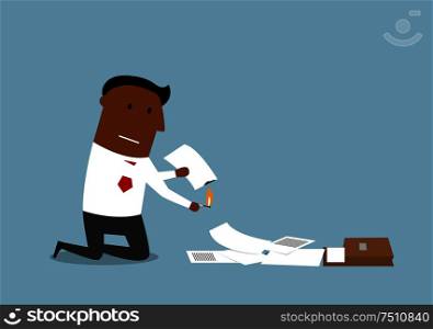 Upset cartoon businessman burning up paper and documents, contracts and invoices with matches. Document destruction theme concept. Businessman burning up paper and documents