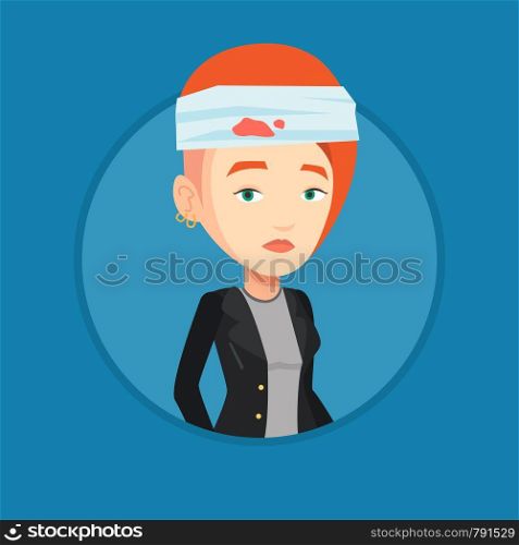 Upset caucasian woman with bandages over head. Sad injured woman with a bandaged head. Full length of young woman wounded in head. Vector flat design illustration in the circle isolated on background.. Woman with injured head vector illustration.