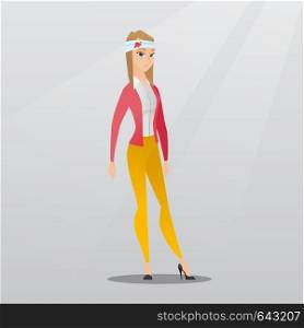 Upset caucasian woman with bandages over her head. Sad injured woman with a bandaged head. Full length of young woman wounded in head. Vector flat design illustration. Square layout.. Man with injured head vector illustration.