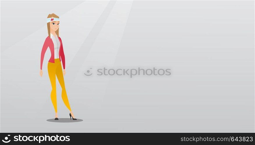 Upset caucasian woman with bandages over her head. Sad injured woman with a bandaged head. Full length of young woman wounded in head. Vector flat design illustration. Horizontal layout.. Man with injured head vector illustration.