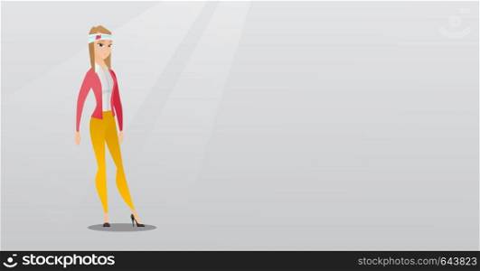 Upset caucasian woman with bandages over her head. Sad injured woman with a bandaged head. Full length of young woman wounded in head. Vector flat design illustration. Horizontal layout.. Man with injured head vector illustration.