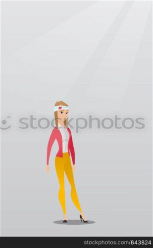 Upset caucasian woman with bandages over her head. Sad injured woman with a bandaged head. Full length of young woman wounded in head. Vector flat design illustration. Vertical layout.. Man with injured head vector illustration.