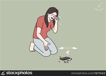 Upset girl cry over broken modern smartphone gadget. Unhappy distressed woman feel hysterical despair stressed with cellphone break down. Technology device addiction. Flat vector illustration. . Upset woman cry over broken modern cellphone