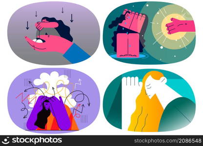 Upset girl feel sad broken having mental disorder or nervous breakdown. Unhappy young woman stressed with anxiety or panic attack have depression. Counseling session. Vector illustration. Set.. Set of unhappy woman suffer from depression need help
