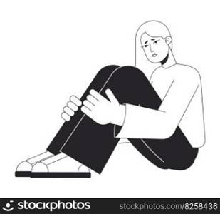 Upset girl hugs knees to chest flat line black white vector character. Editable isolated outline full body person. Self soothe simple cartoon style spot illustration for web graphic design, animation. Upset girl hugs knees to chest flat line black white vector character