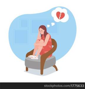 Upset girl sit alone with broken heart 2D vector isolated illustration. Sad teen depressively thinking about break up flat characters on cartoon background. Teenager problem colourful scene. Upset girl sit alone with broken heart 2D vector isolated illustration
