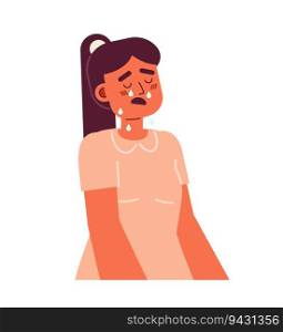 Upset girl with dropping tears and open mouth semi flat color vector character. Tearful child in dress. Editable half body person on white. Simple cartoon spot illustration for web graphic design. Upset girl with dropping tears and open mouth semi flat color vector character