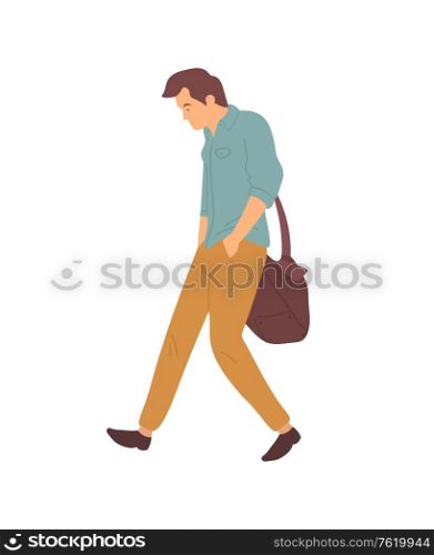 Upset man after quarrel walking in bad mood. Vector person in cartoon style, problems at work or in family relationships. Guy with sack side view. Upset Man After Quarrel Walking in Bad Mood Vector