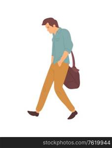 Upset man after quarrel walking in bad mood. Vector person in cartoon style, problems at work or in family relationships. Guy with sack side view. Upset Man After Quarrel Walking in Bad Mood Vector