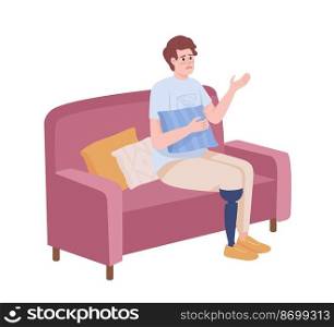 Upset man with leg prosthesis semi flat color vector character. Editable figure. Full body person on white. Disability simple cartoon style illustration for web graphic design and animation. Upset man with leg prosthesis semi flat color vector character