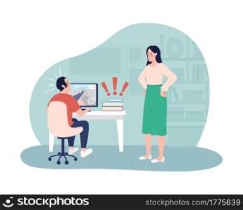 Upset mother control teen 2D vector isolated illustration. Mom angry at surprised son. Boy at computer. Family flat characters on cartoon background. Teenager problems colourful scene. Upset mother control teen 2D vector isolated illustration