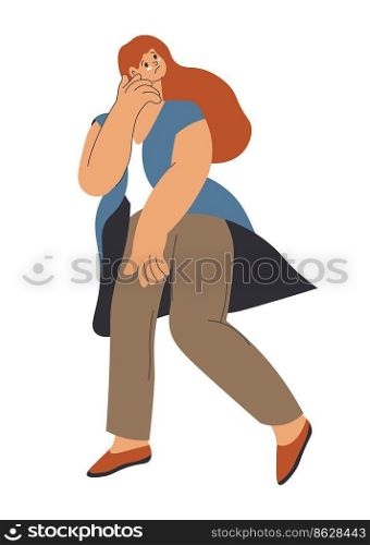 Upset or scared, afraid female character, isolated woman peronage with sad facial expression running away or walking quickly. Teenager looking back, avoiding or hiding. Vector in flat illustration. Scared or sad female character, upset woman vector