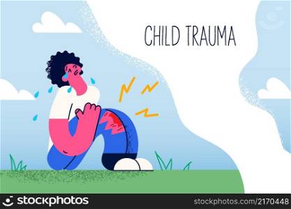 Upset small kid sit on ground outdoors cry because of falling down breaking knee. Unhappy child stressed with trauma or injury outside. Children drama concept. Flat vector illustration. . Unhappy kid cry because of leg injury