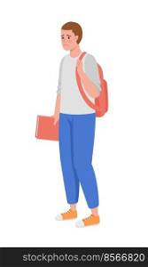Upset student with backpack and textbook semi flat color vector character. Editable figure. Full body person on white. Education simple cartoon style illustration for web graphic design and animation. Upset student with backpack and textbook semi flat color vector character