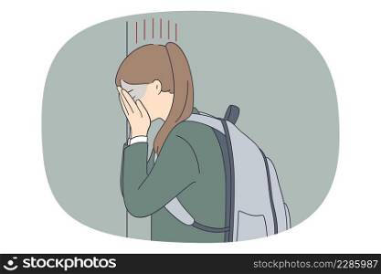 Upset teen girl crying suffer from bullying or harassment in school. Unhappy sad teenager schoolgirl feel stressed having mental or psychological problems. Adolescence. Vector illustration. . Upset schoolgirl cry suffer from school bullying