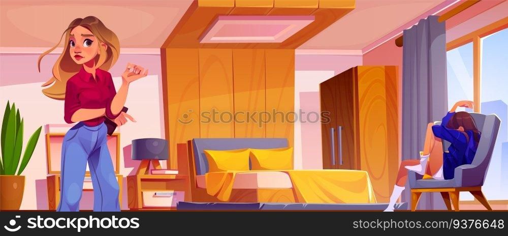 Upset teen in bedroom with sad mother cartoon vector illustration. Daughter in mom room with modern interior design at home protest. Domestic problem behavior between parent person and cry girl child.. Upset teen in bedroom with sad mother illustration