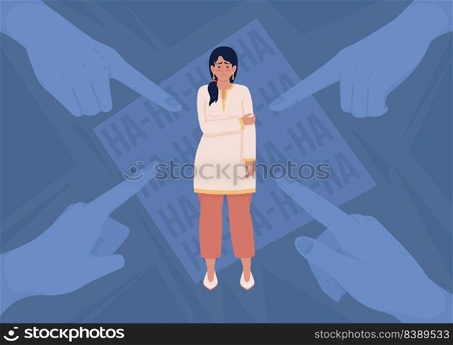 Upset woman and pointing fingers flat color vector illustration. Collective condemnation. Mental health. Fully editable 2D simple cartoon character with inscription on background. Bebas Neue font used. Upset woman and pointing fingers flat color vector illustration