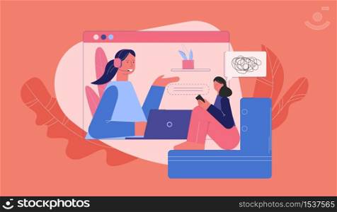 Upset woman at counseling with psychologist online vector flat illustration. Frustrated female talking at psychology consultation use modern device isolated. Remote psychological assistance service. Upset woman at counseling with psychologist online vector flat illustration