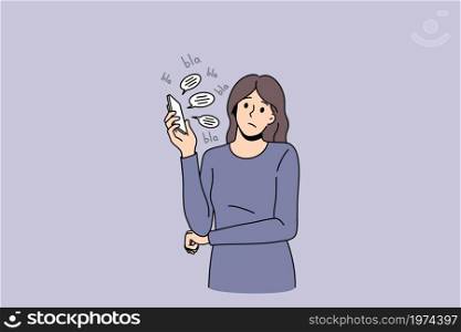 Upset young woman talk on cellphone feel bored by online communication, say blah blah in bubble. Unhappy girl annoyed bothered with smartphone conversation or call. Flat vector illustration. . Unhappy woman bored by communication on smartphone