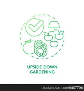 Upside down gardening green gradient concept icon. Growing tomatoes. Suspended pots. Gardening method abstract idea thin line illustration. Isolated outline drawing. Myriad Pro-Bold font used. Upside down gardening green gradient concept icon