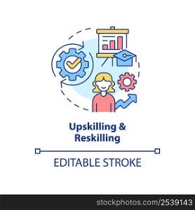Upskilling and reskilling concept icon. Learning approach abstract idea thin line illustration. Develop new competencies. Isolated outline drawing. Editable stroke. Arial, Myriad Pro-Bold fonts used. Upskilling and reskilling concept icon
