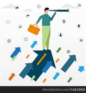Upwards. Businessman use binoculars while vision with standing on a flying arrows. Concept business illustration. business success concept vector.