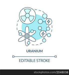 Uranium turquoise blue concept icon. Radioactive ore. Nonrenewable sources abstract idea thin line illustration. Isolated outline drawing. Editable stroke. Roboto-Medium, Myriad Pro-Bold fonts used. Uranium turquoise blue concept icon