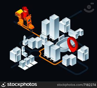 Urban 3d map navigation. Isometric map with delivery pizza navigation route. Map city route gps navigation for transportation. Vector illustration. Urban 3d map navigation. Isometric map with delivery pizza navigation route