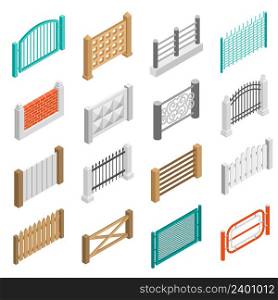 Urban and farmland real estate boundary fences elements from wood brick and concrete isometric set isolated vector illustration . Fences Types Elements Icons Isometric Collection