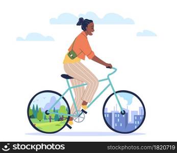 Urban and natural cycling. Happy woman ride bicycle, ecological green city vehicle, environment protection, zero waste people, cartoon isolated illustration. Vector Eco-friendly transport concept. Urban and natural cycling. Happy woman ride bicycle, ecological green city vehicle, environment protection, cartoon isolated illustration. Vector Eco-friendly transport concept