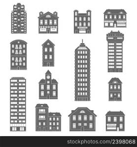 Urban and suburb house and office buildings decorative icons black set isolated vector illustration. House Icons Black