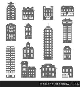 Urban and suburb house and office buildings decorative icons black set isolated vector illustration. House Icons Black
