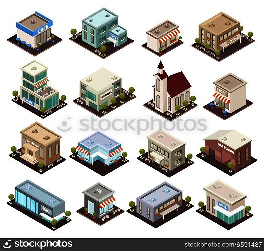 Urban architecture historical and modern public buildings isometric icons set with museum cafe hospital isolated vector illustrations . Urban Architecture Isometric Icons