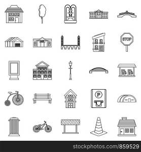Urban architecture icons set. Outline set of 25 urban architecture vector icons for web isolated on white background. Urban architecture icons set, outline style