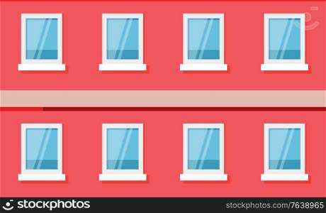 Urban architecture, street building, wall with windows vector. Background, city ot town construction, windowsills and plastic frames, multi-storey house. Red wall of building. Street Building, Wall with Windows, Architecture