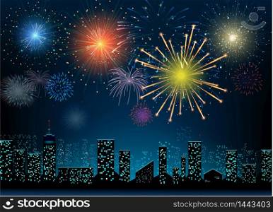 Urban at night with colorful firework background. Vector