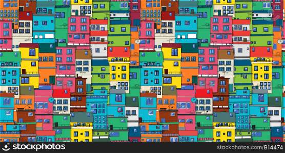 Urban background in colors, seamless vector pattern with Brazilian favela, slum.