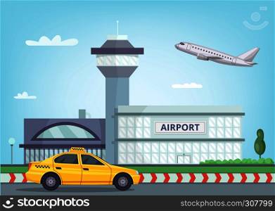 Urban background with airport building, airplane in the sky and taxi car. Vector airport terminal building abd yellow taxi illustration. Urban background with airport building, airplane in the sky and taxi car